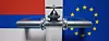 Natural gas transportation in Europe, Gas pipe and valve wheel, Russian and EU flag. 3d render
