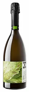 Brun flaske musserende vin med grønn og hvit etikett på hvit bakgrunn.