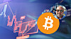 Bitcoin-symbol over rød kursgraf og finansskjerm med et lite profilbilde øverst til høyre.