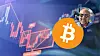 Bitcoin-symbol over rød kursgraf og finansskjerm med et lite profilbilde øverst til høyre.