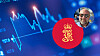 Blå finansgraf med kursutvikling og to runde logoer foran en digital bakgrunn.