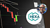 Hexa-logo over mørk børsgraf med røde og grønne lysestaker.