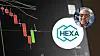 Hexa-logo over mørk børsgraf med røde og grønne lysestaker.