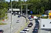 Kø av biler på E18 ved veiarbeid mellom Høvik og Lysaker.