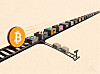 Stor bitcoin-mynt foran en rekke kasser med kryptovaluta-symboler på et transportbånd.