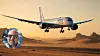 Passasjerfly over en ørken ved solnedgang, med et rundt portrett nederst til venstre.