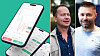 Smarttelefoner med markedsdata ved siden av to portrettbilder av menn.