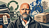 Illustrasjon av en skjegget mann foran pappesker, varer og et europakart med EU-symboler.