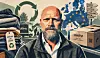Illustrasjon av en skjegget mann foran pappesker, varer og et europakart med EU-symboler.