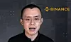 Changpeng Zhao på skjerm under et Zoom-intervju, med Binance-logoen øverst til høyre.